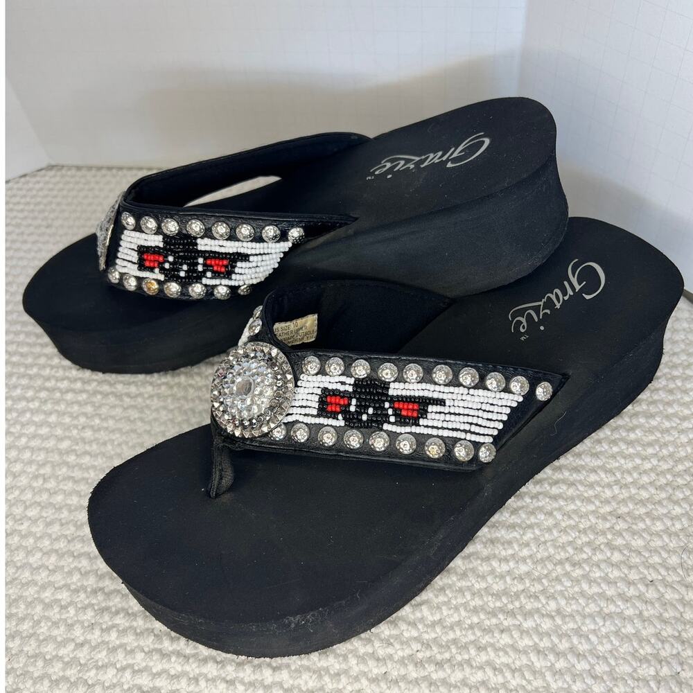 Grazie Platform Flip Flop Sandals Southwest-style beaded Studded Rhinestone S 10